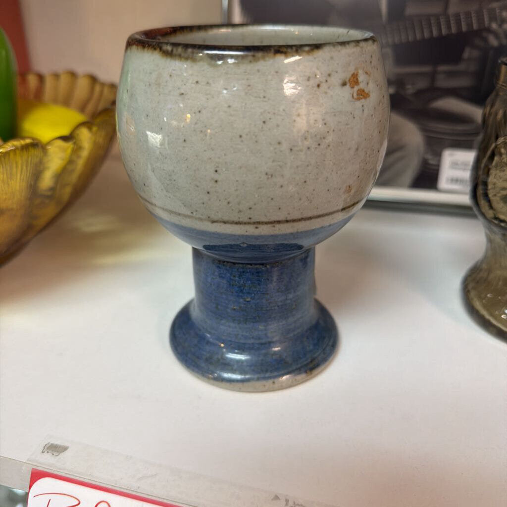 Vintage Stemmed Stoneware Goblet w/Blue Base