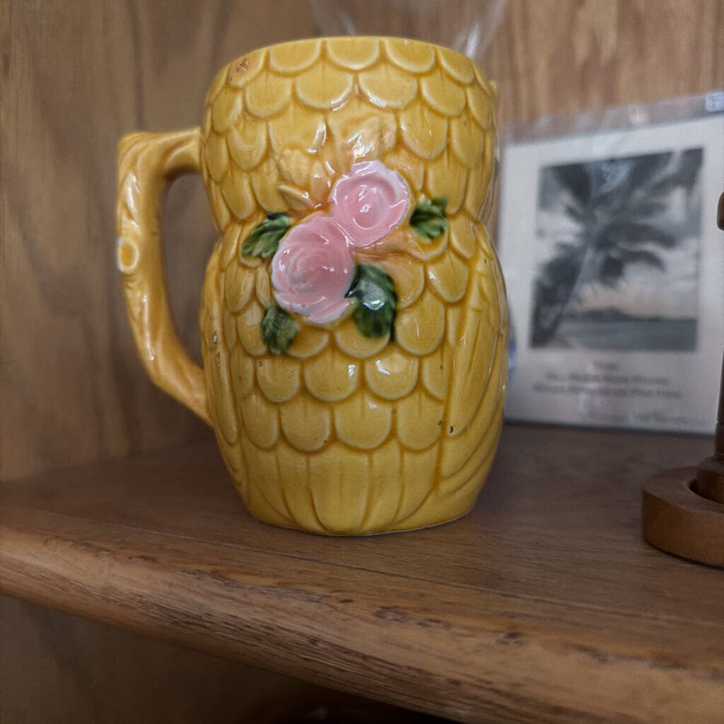 Vintage Tropical Owl Souvenir Mug - AS IS - Chipped beak, other small chips & crazing