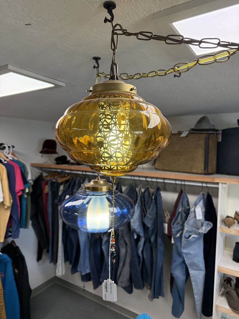 Vintage Small Amber Swag Hanging Lamp | Mid-Century Modern Plug-In Pendant Light