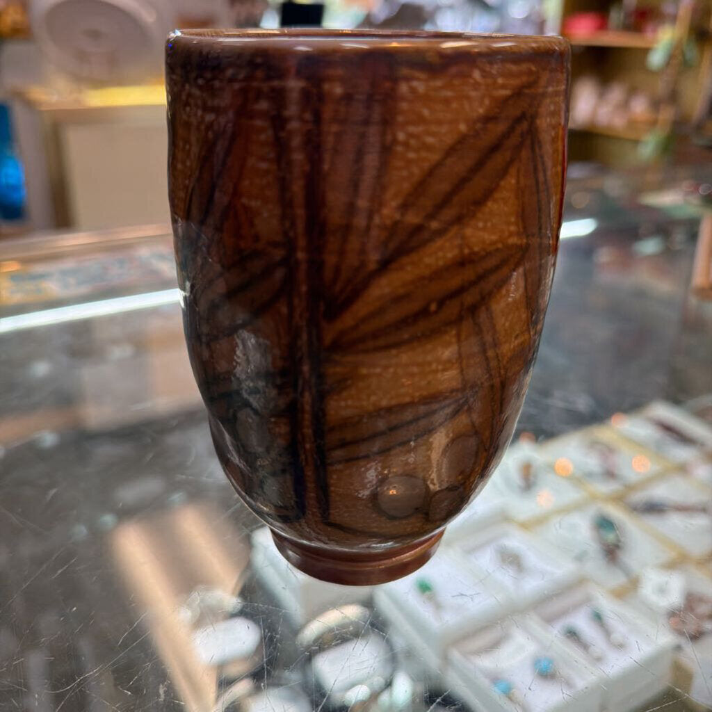 Artisan Brown Pottery Vase with Leaf Design
