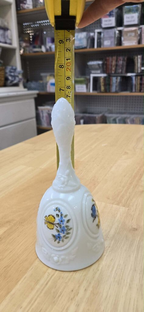 Fenton Handpainted Butterfiles on Milk Glass Medallion Bell - Signed by Artist