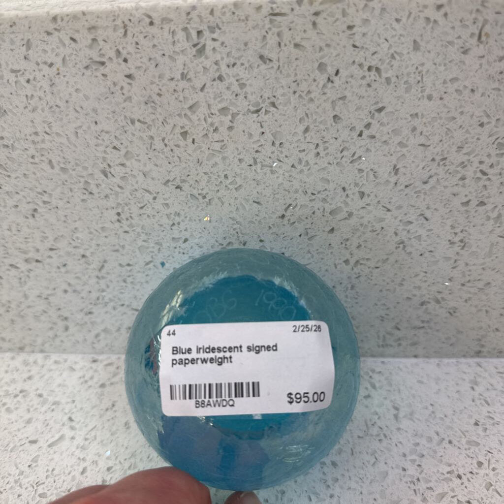Blue iridescent signed paperweight