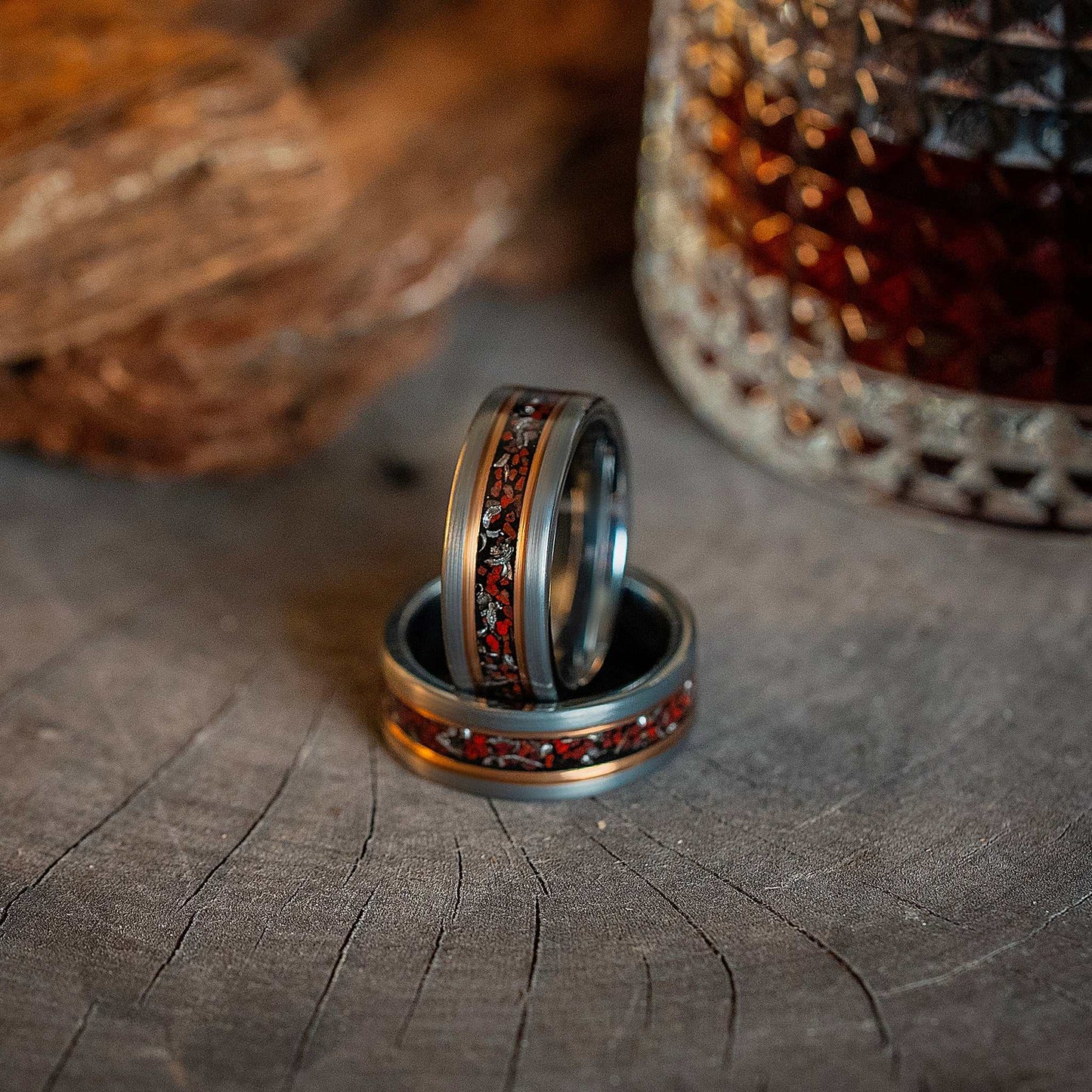 Silver Rose Tungsten Carbide Ring Dinosaur Bone Fossil Meteorite