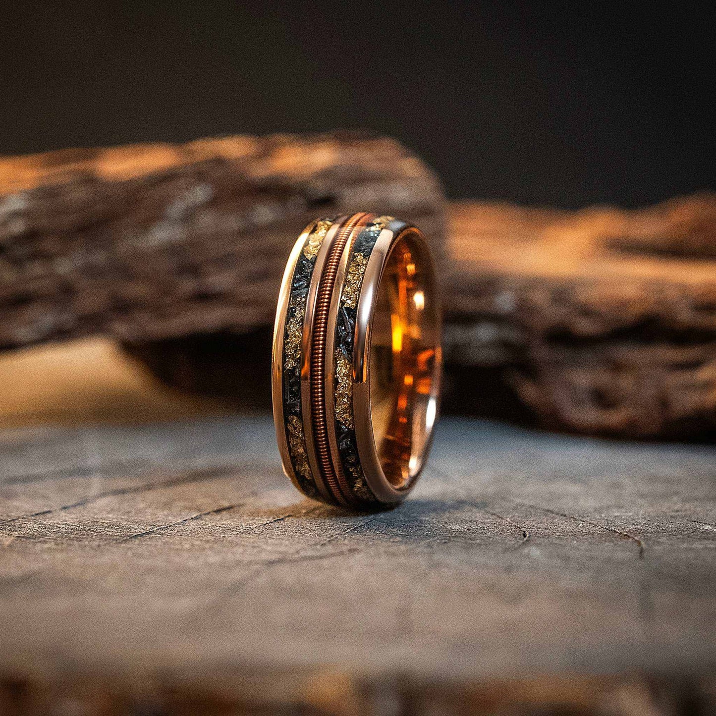 Meteorite Gold Leaf Guitar String Tungsten Carbide Ring