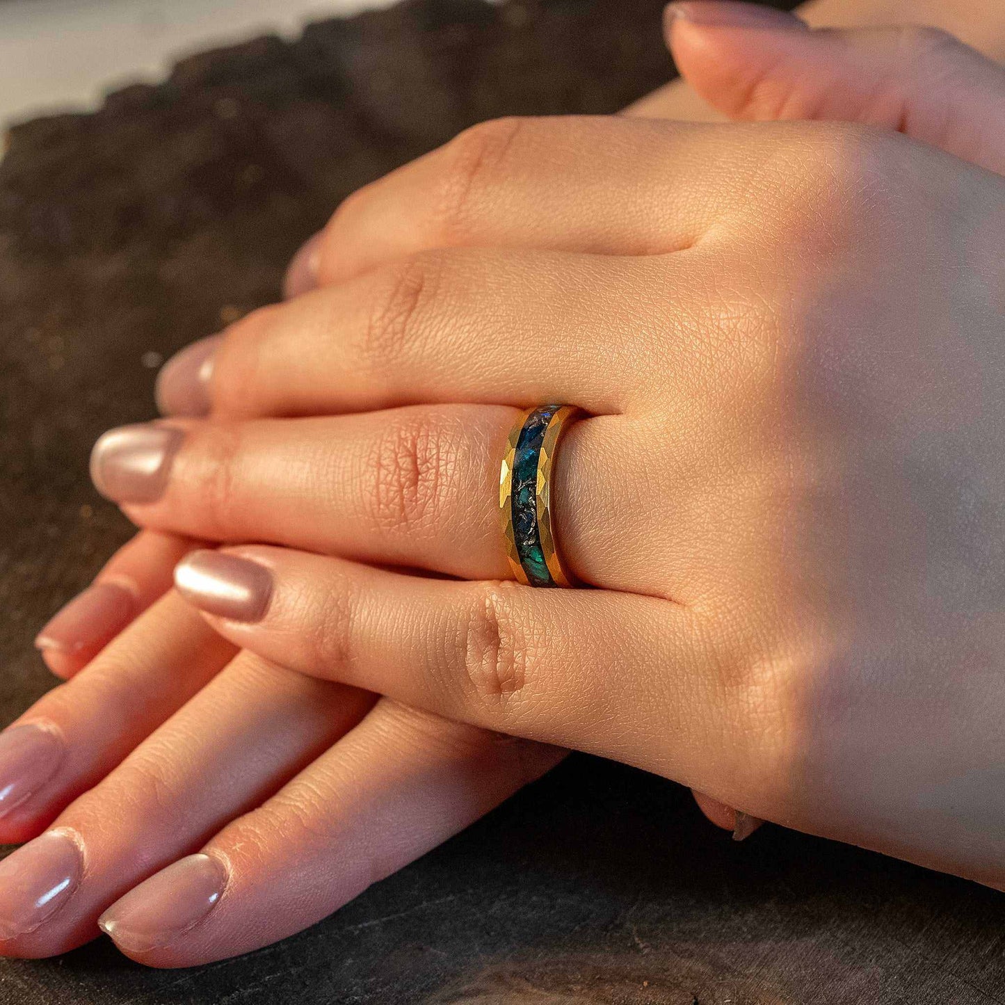 Green Opal x Meteorite Gold HammeredTungsten Carbide Ring - 6mm