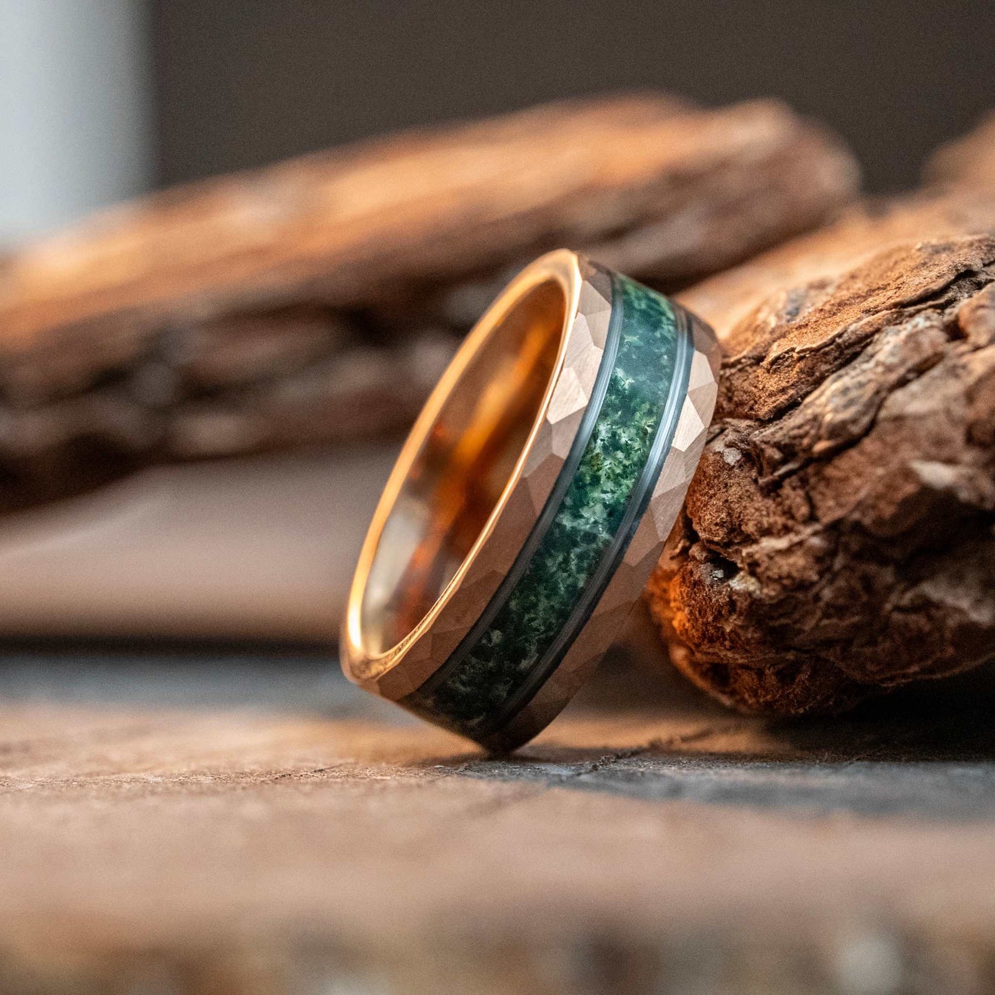 Moss Agate Rose Gold Tungsten Ring