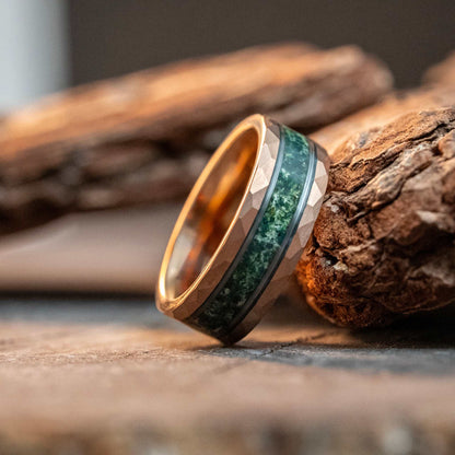 Moss Agate Rose Gold Tungsten Ring