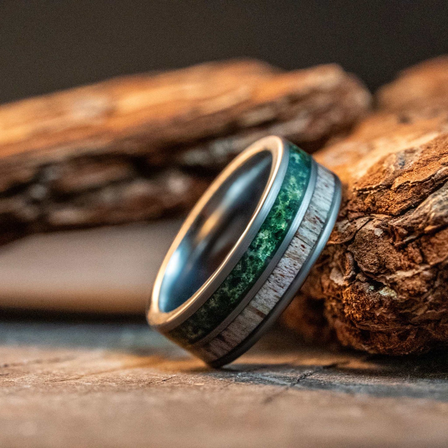 Moss Agate x Antler Tungsten Carbide Ring
