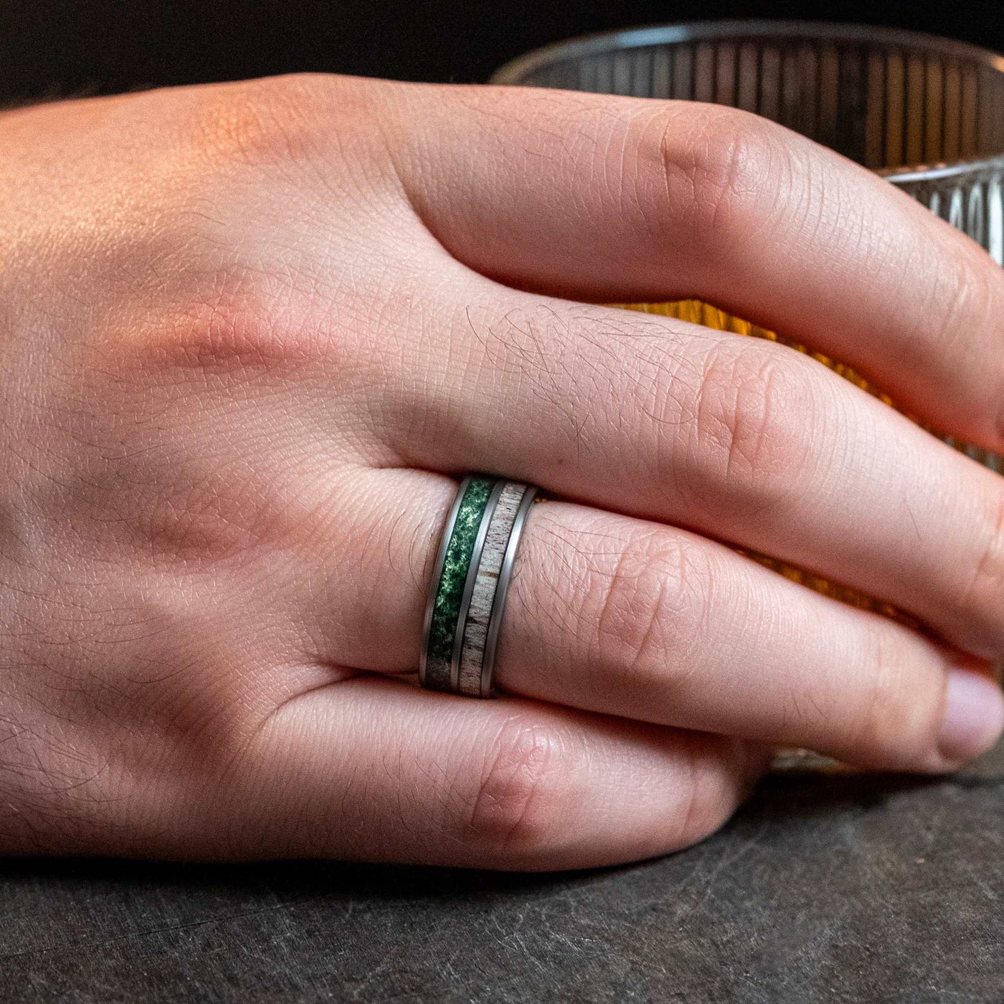 Moss Agate x Antler Tungsten Carbide Ring