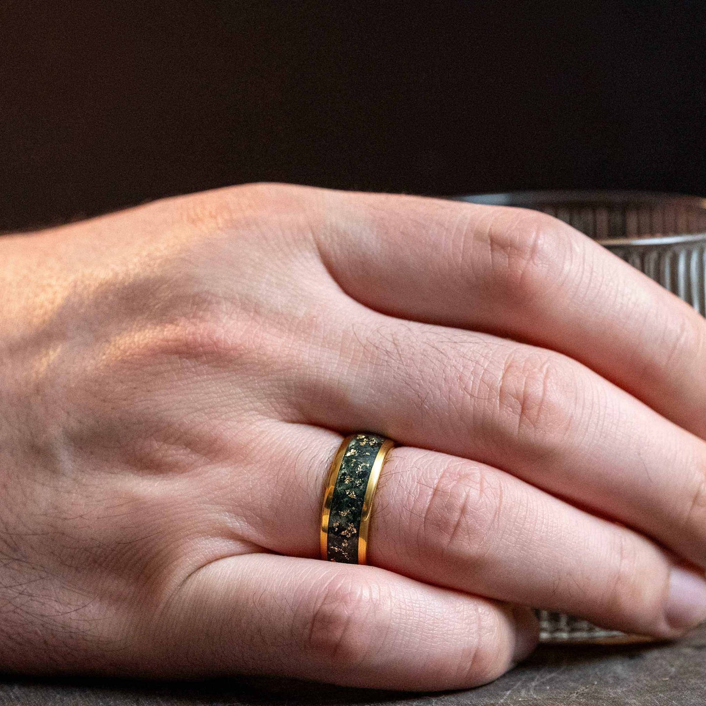 Moss Agate x Gold Leaf Tungsten Carbide Ring