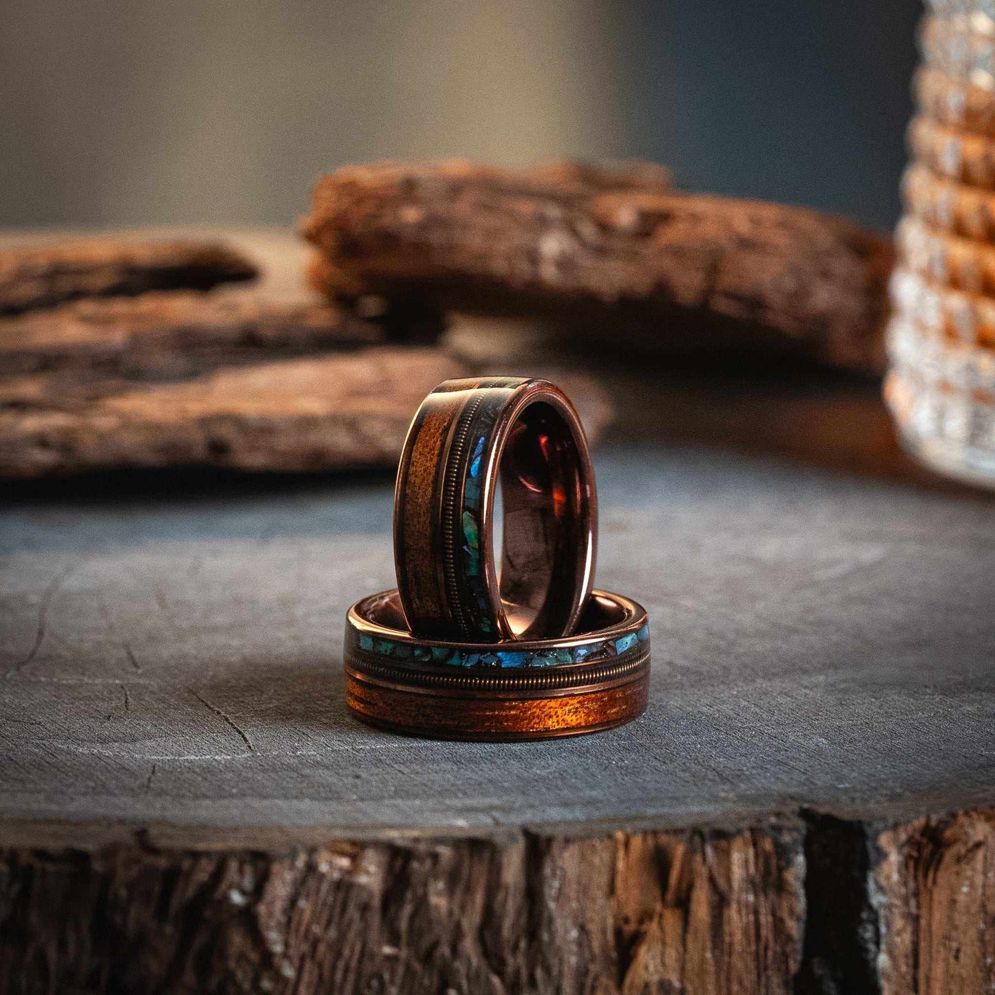 Guitar String x Abalone Shell x Hawaiian Koa Wood Rose Gold Tungsten Ring