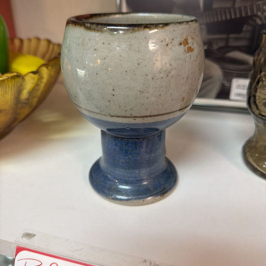Vintage Stemmed Stoneware Goblet w/Blue Base