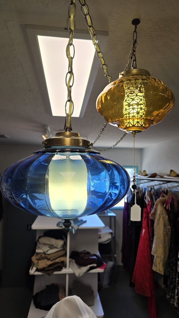 Vintage Blue Swag Hanging Lamp | Mid-Century Modern Plug-In Pendant Light
