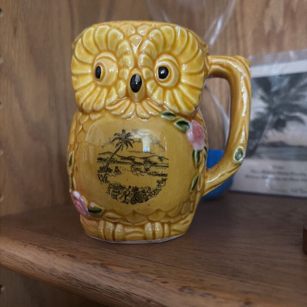 Vintage Tropical Owl Souvenir Mug - AS IS - Chipped beak, other small chips & crazing