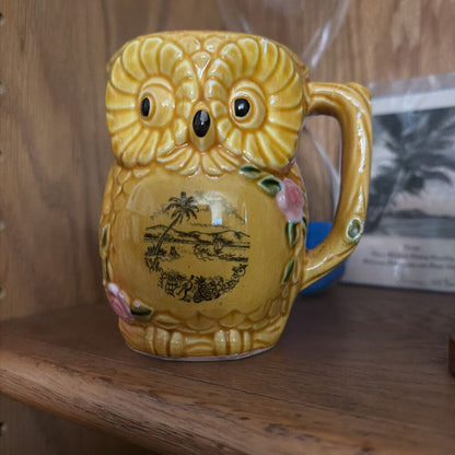 Vintage Tropical Owl Souvenir Mug - AS IS - Chipped beak, other small chips & crazing