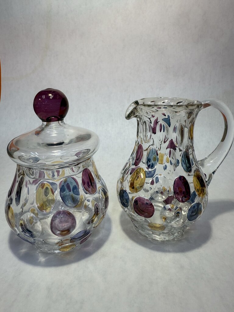Vtg. Colored Dots Creamer and Sugar Bohemia Crystal Crystalix