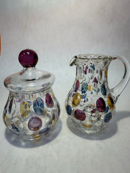 Vtg. Colored Dots Creamer and Sugar Bohemia Crystal Crystalix