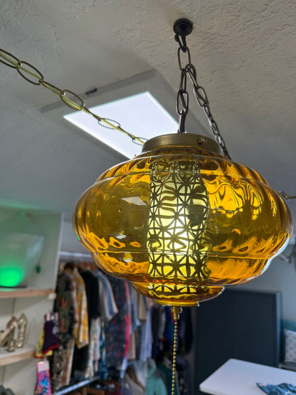 Vintage Small Amber Swag Hanging Lamp | Mid-Century Modern Plug-In Pendant Light