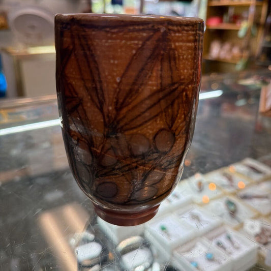 Artisan Brown Pottery Vase with Leaf Design