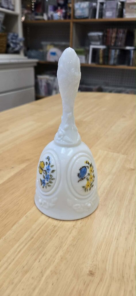 Fenton Handpainted Butterfiles on Milk Glass Medallion Bell - Signed by Artist