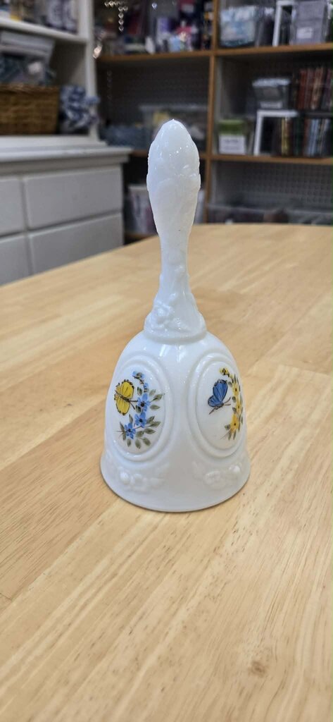 Fenton Handpainted Butterfiles on Milk Glass Medallion Bell - Signed by Artist