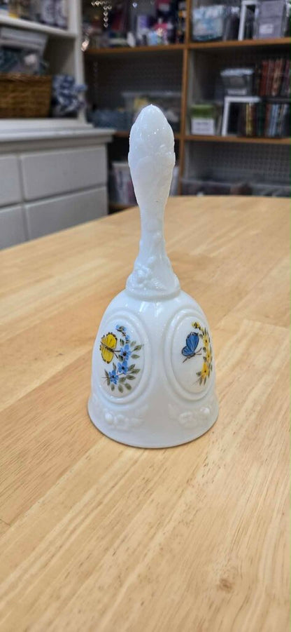 Fenton Handpainted Butterfiles on Milk Glass Medallion Bell - Signed by Artist