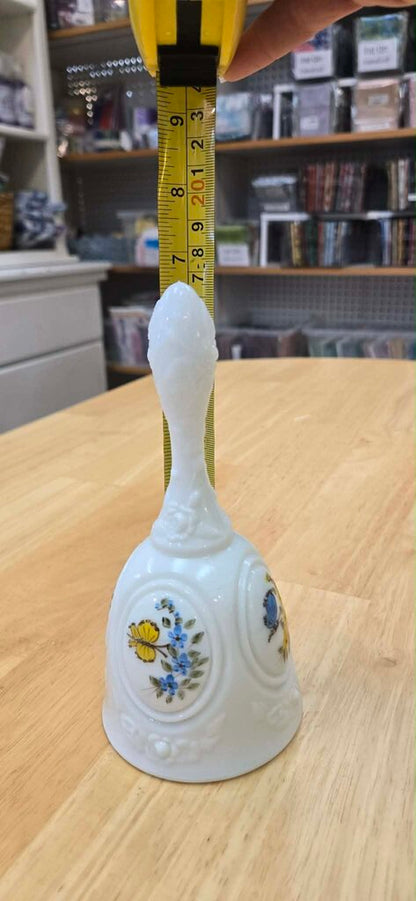 Fenton Handpainted Butterfiles on Milk Glass Medallion Bell - Signed by Artist
