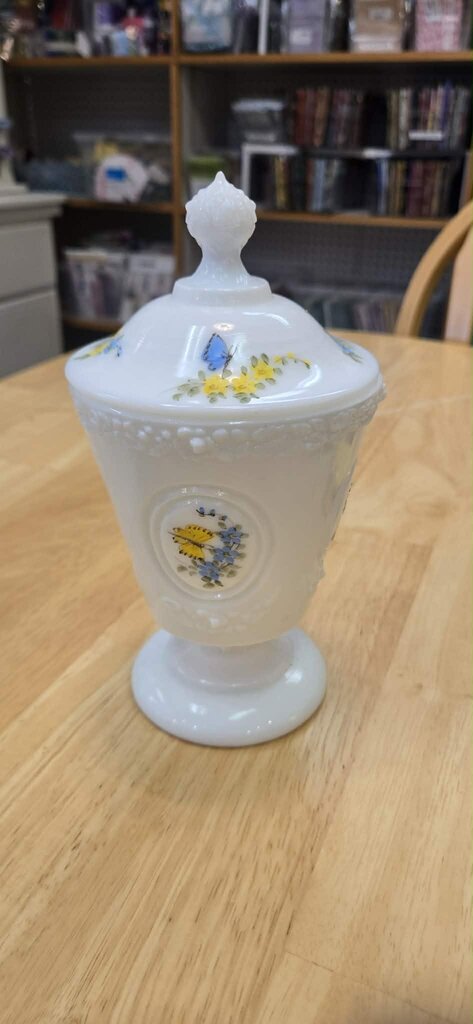 Fenton Handpainted Butterfiles on Milk Glass Covered Jar - Signed by Artist