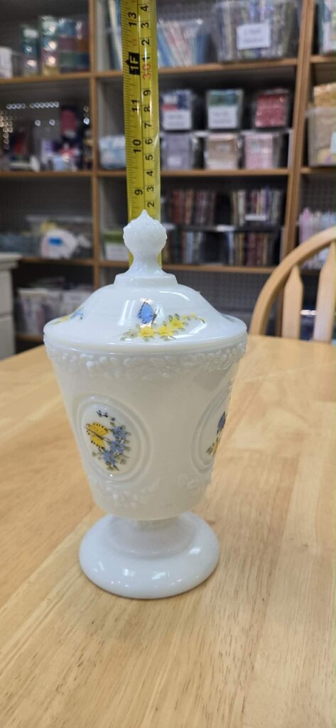 Fenton Handpainted Butterfiles on Milk Glass Covered Jar - Signed by Artist