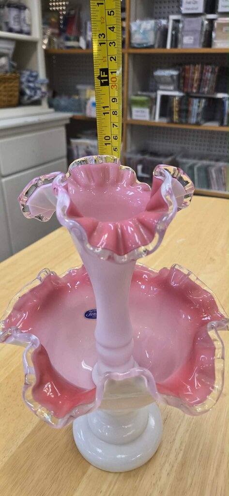 Fenton #7202 Peach Crest Single Horn Epergne ca. 1955-1962, Pink and White Glass