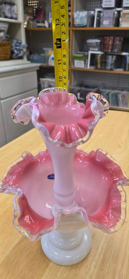 Fenton #7202 Peach Crest Single Horn Epergne ca. 1955-1962, Pink and White Glass