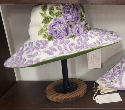 MENDED WING - Vtg Purple Floral towel Sun Hat