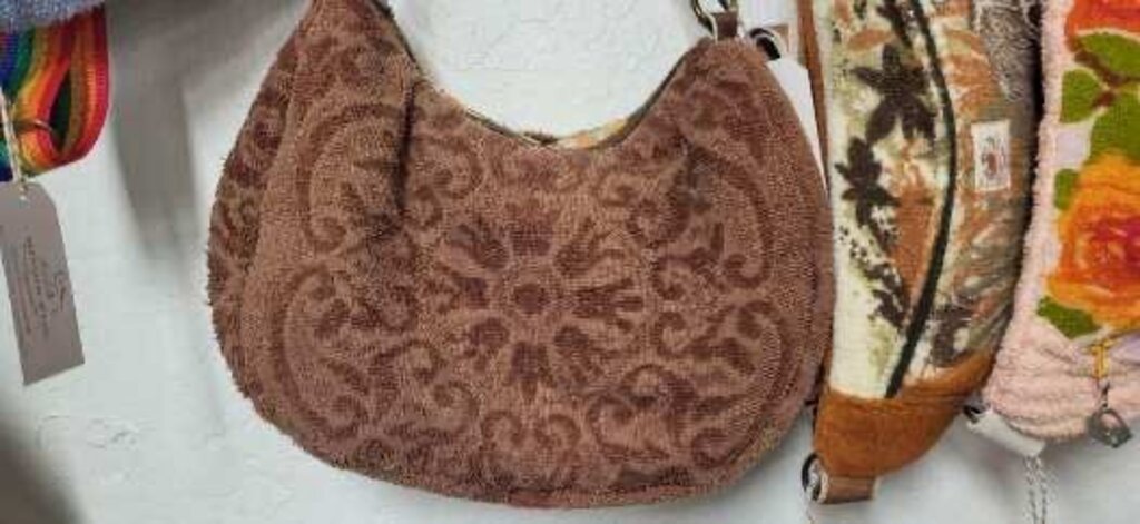 MENDED WING - Brown Flowered Vtg Towel Cross Body Crescent Bag