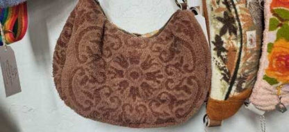 MENDED WING - Brown Flowered Vtg Towel Cross Body Crescent Bag