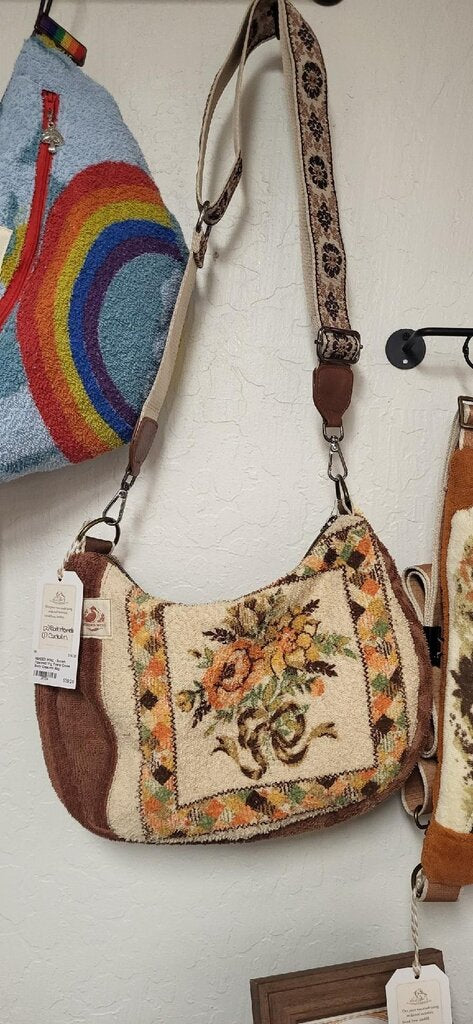MENDED WING - Brown Flowered Vtg Towel Cross Body Crescent Bag