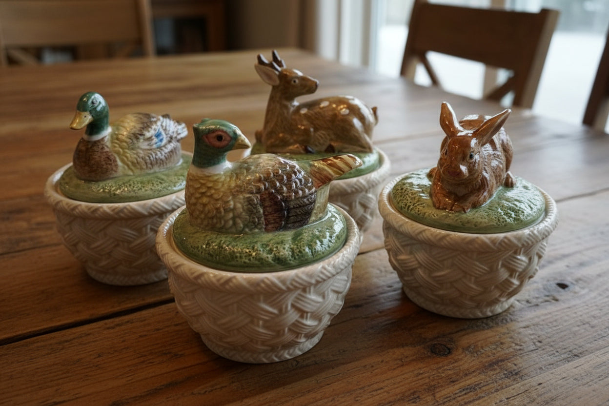 FITZ & FLOYD AUTUMN LEAVES LIDDED SOUP BOWLS. (8 PIECE)
