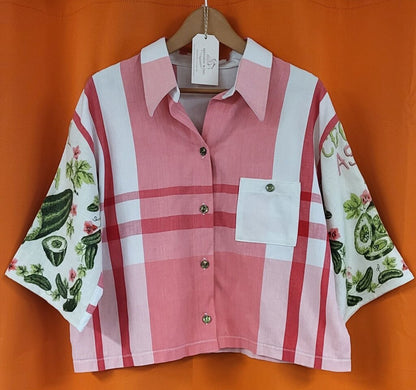MENDED WING - Cool as A Cucumber Tablecloth shirt - Women's Crop - SIZE 2X