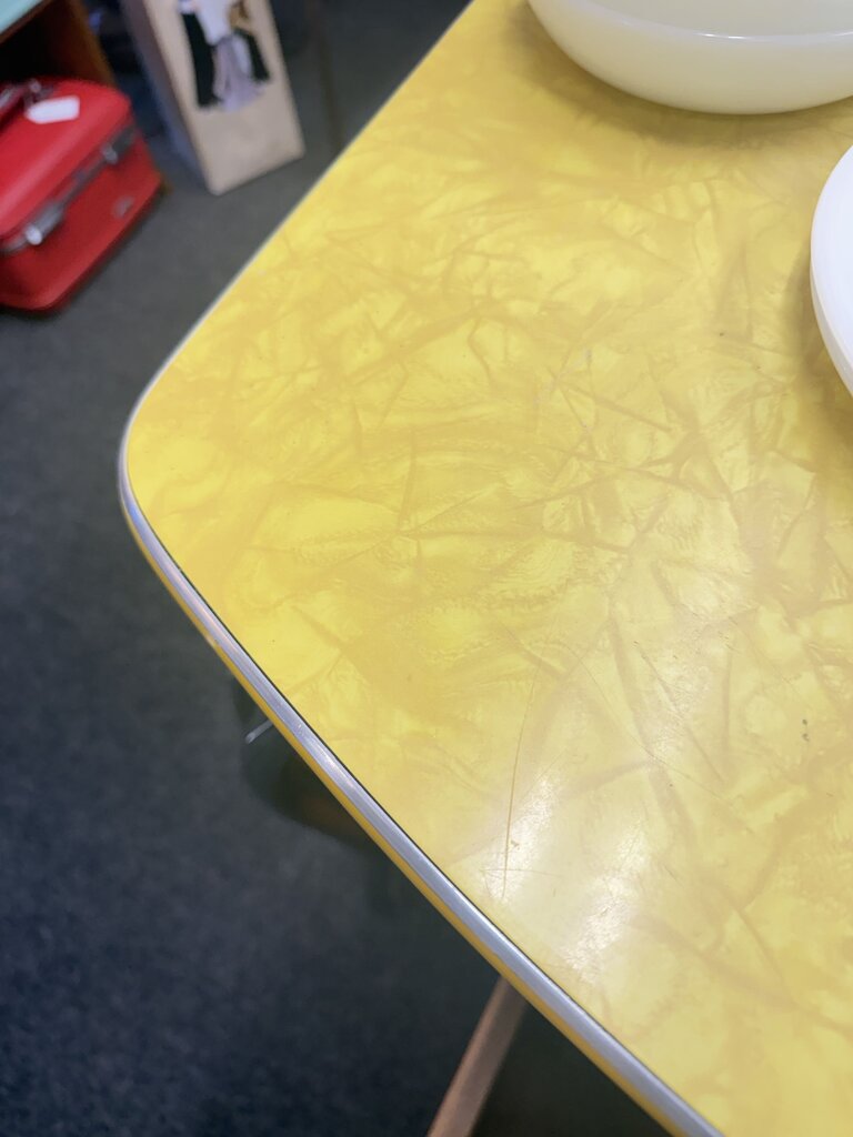 1950s yellow Virtue Formica Table with leaf no chairs