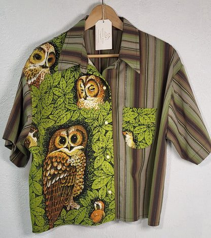 MENDED WING - Cropped Green/Brown Striped Owl Women's shirt - SIZE 2X