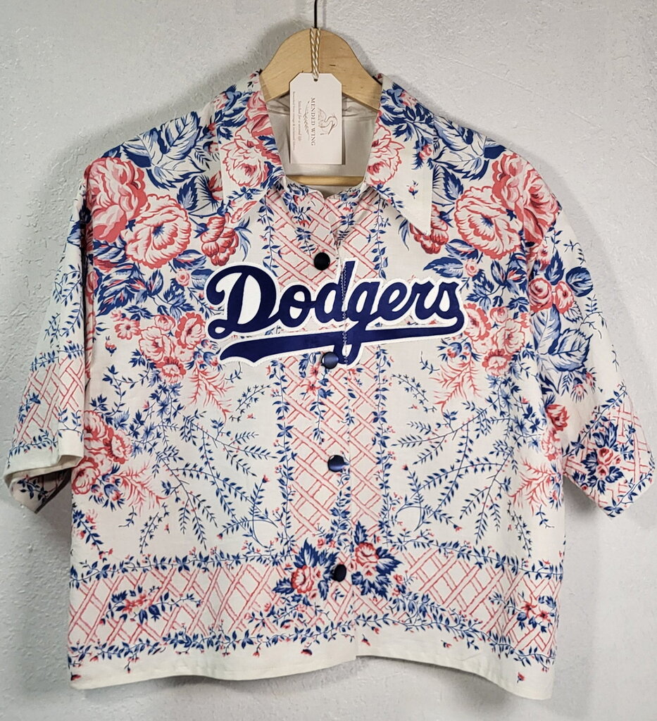 MENDED WING - Cropped Pink Blue DODGERS Jersey Flowered Women's shirt - SIZE M