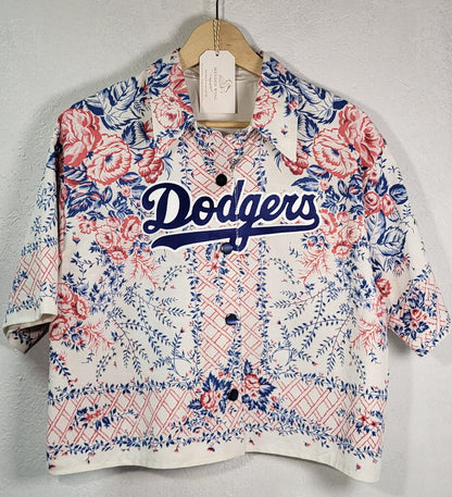 MENDED WING - Cropped Pink Blue DODGERS Jersey Flowered Women's shirt - SIZE M
