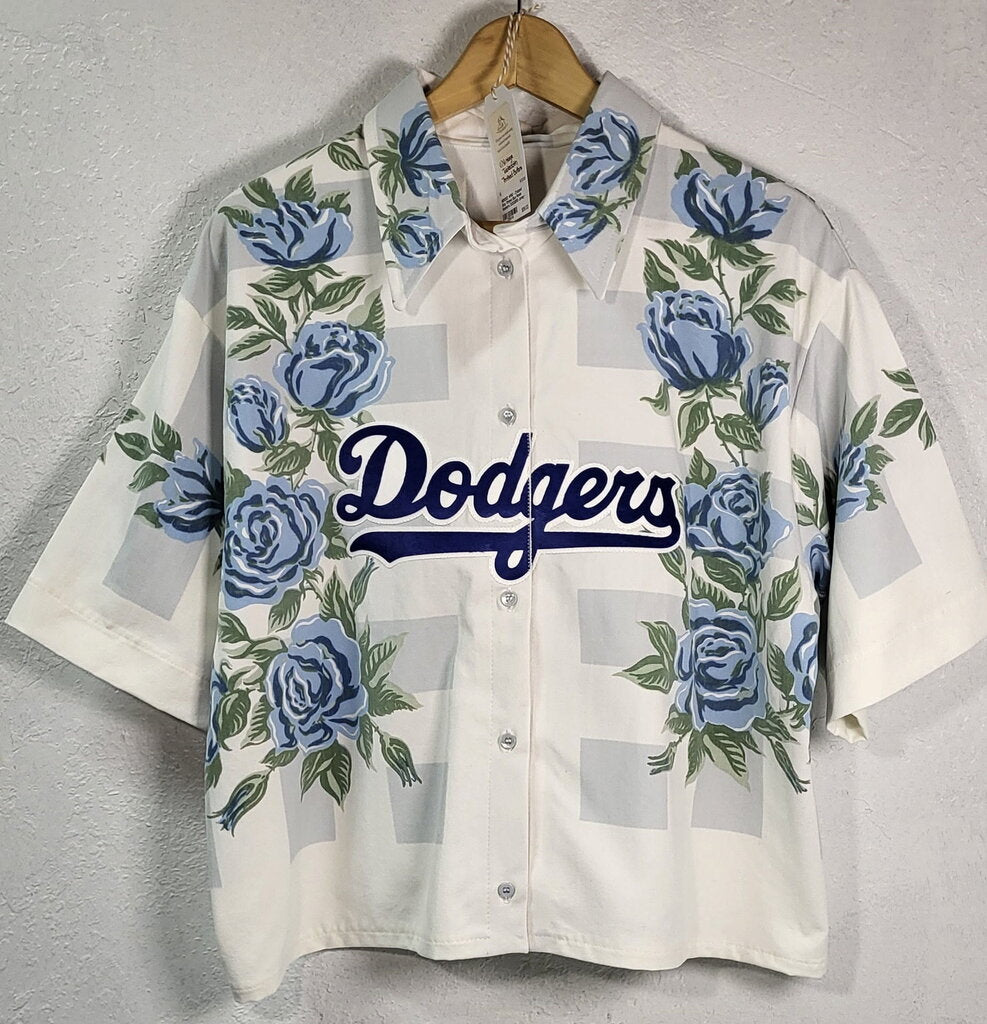 MENDED WING - Cropped Gray Striped Blue Roses Women's DODGERS Jersey - SIZE XL