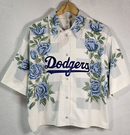 MENDED WING - Cropped Gray Striped Blue Roses Women's DODGERS Jersey - SIZE XL