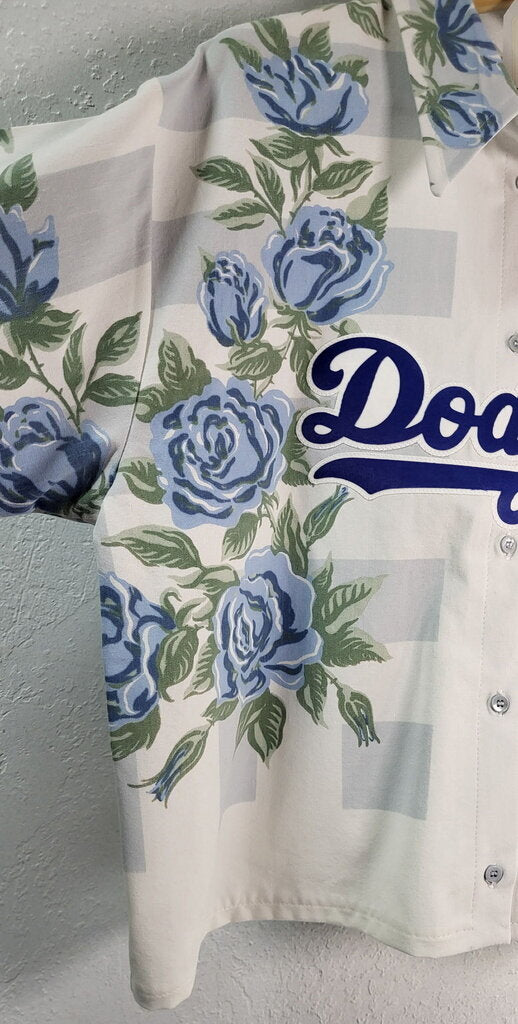 MENDED WING - Cropped Gray Striped Blue Roses Women's DODGERS Jersey - SIZE XL