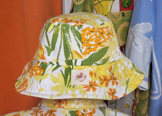 Mended Wing Vintage Repurposed Orange Floral Tablecloth Hat – Size L