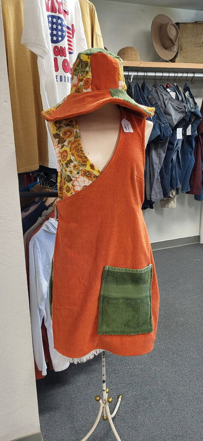 MENDED WING - Vtg Towel Wrap Dress Orange/Green Floral - Size M