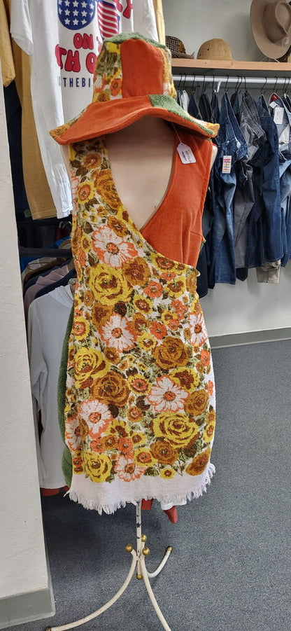 MENDED WING - Vtg Towel Wrap Dress Orange/Green Floral - Size M