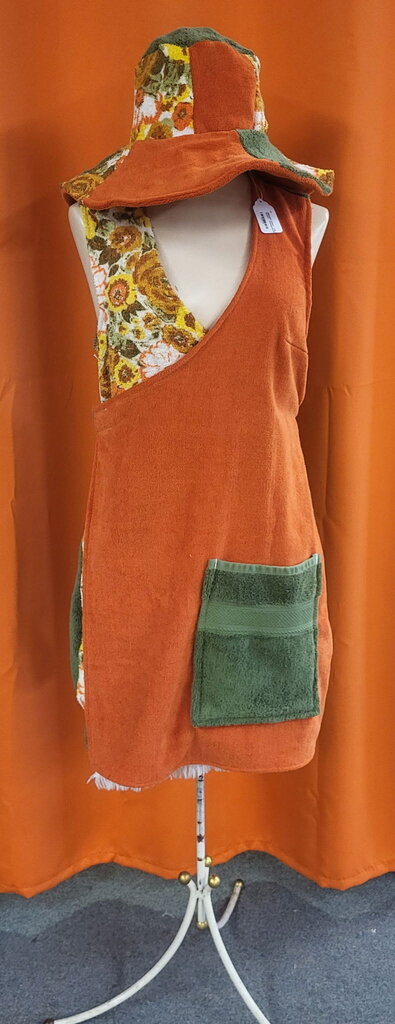 MENDED WING - Vtg Towel Wrap Dress Orange/Green Floral - Size M