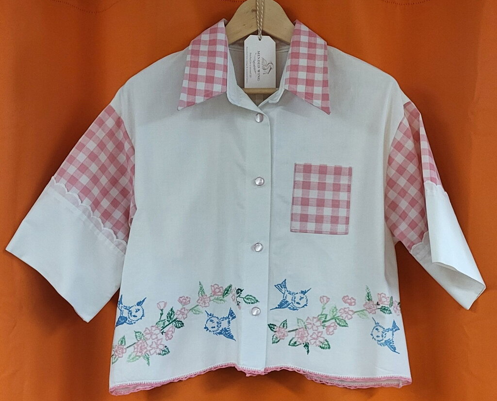 MENDED WING - Cropped Embroidered Blue Birds Women's shirt - SIZE L