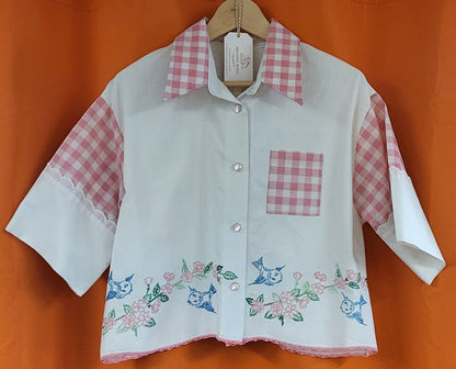 MENDED WING - Cropped Embroidered Blue Birds Women's shirt - SIZE L